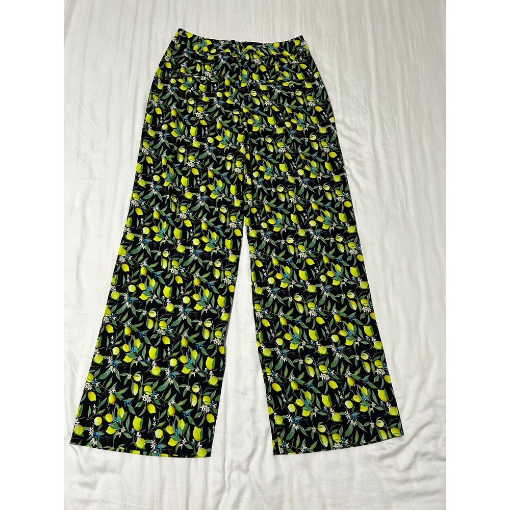 Wildfang Women The Empower Wide Leg Trouser Lemon Print Black Yellow Pants Sz 10 - Picture 2 of 7